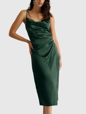 Satin Cowl Neck Slip Dress in Emerald Green